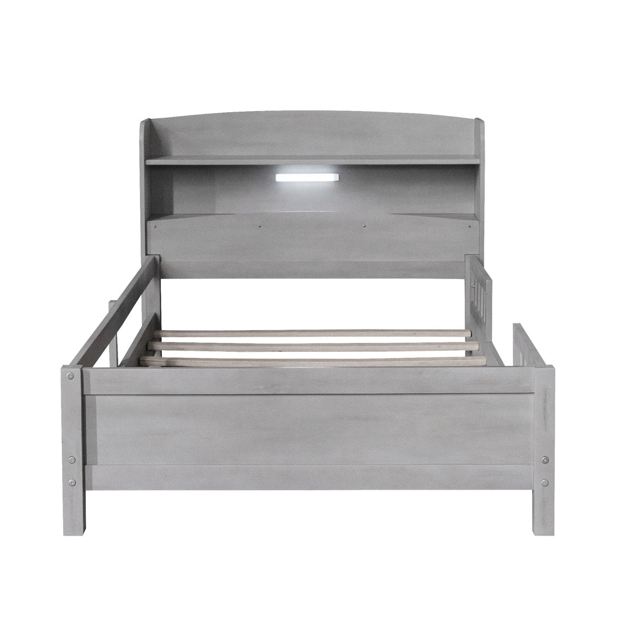 Wood Twin Size Platform Bed with Built-in LED Light, Storage Headboard, and Guardrail
