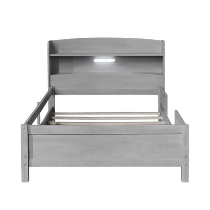 Wood Twin Size Platform Bed with Built-in LED Light, Storage Headboard, and Guardrail