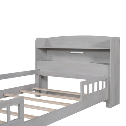 Wood Twin Size Platform Bed with Built-in LED Light, Storage Headboard, and Guardrail