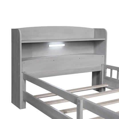 Wood Twin Size Platform Bed with Built-in LED Light, Storage Headboard, and Guardrail