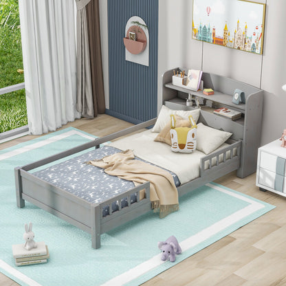 Wood Twin Size Platform Bed with Built-in LED Light, Storage Headboard, and Guardrail