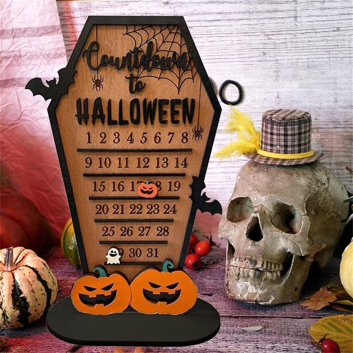 Wooden Halloween Countdown Calendar – Tabletop Wooden Ornament for Spooky Decor