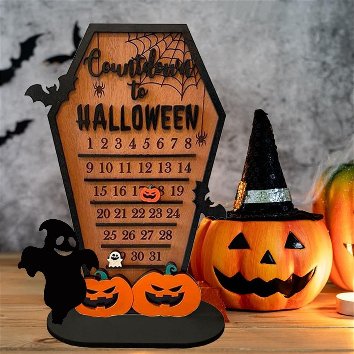 Wooden Halloween Countdown Calendar – Tabletop Wooden Ornament for Spooky Decor