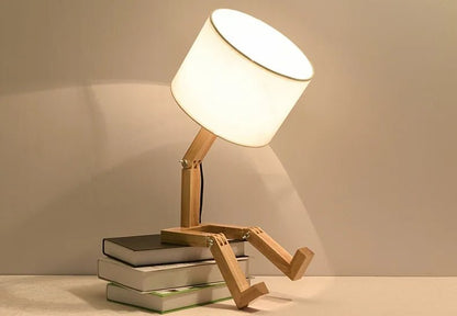 Wooden Robot Table Lamp – Minimalist Bedside Light for Bedroom, Living Room, or Study, Perfect for Dorms and Cozy Reading Nooks