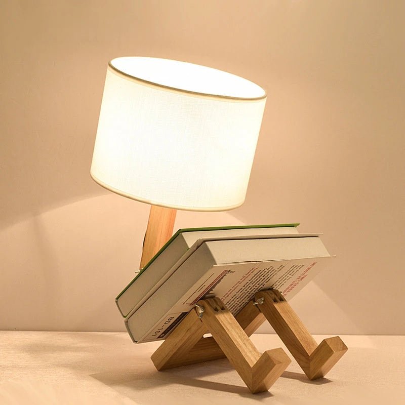 Wooden Robot Table Lamp – Minimalist Bedside Light for Bedroom, Living Room, or Study, Perfect for Dorms and Cozy Reading Nooks
