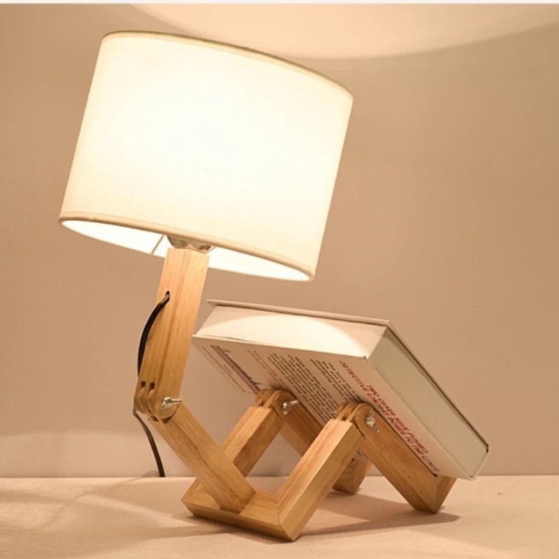 Wooden Robot Table Lamp – Minimalist Bedside Light for Bedroom, Living Room, or Study, Perfect for Dorms and Cozy Reading Nooks