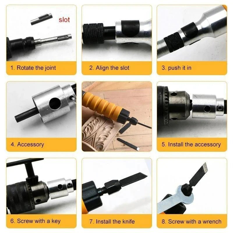 Power Wood Carving Tool – Drill-Powered Chisel Carver with Flexible Shaft, 5 Blades and Wrench (Drill Not Included)