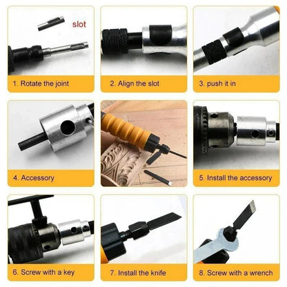 Power Wood Carving Tool – Drill-Powered Chisel Carver with Flexible Shaft, 5 Blades and Wrench (Drill Not Included)