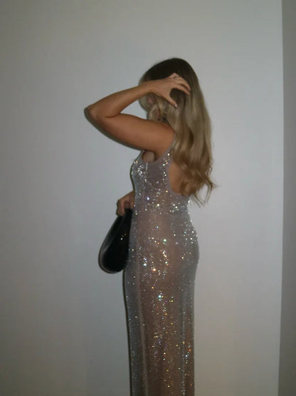 Petra Solid Sequin Glitter Maxi Dress – Elegant Square Collar Sling Dress for Women’s Evening Party Style, 2025 Fashion Statement Piece