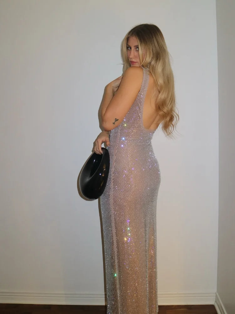 Petra Solid Sequin Glitter Maxi Dress – Elegant Square Collar Sling Dress for Women’s Evening Party Style, 2025 Fashion Statement Piece