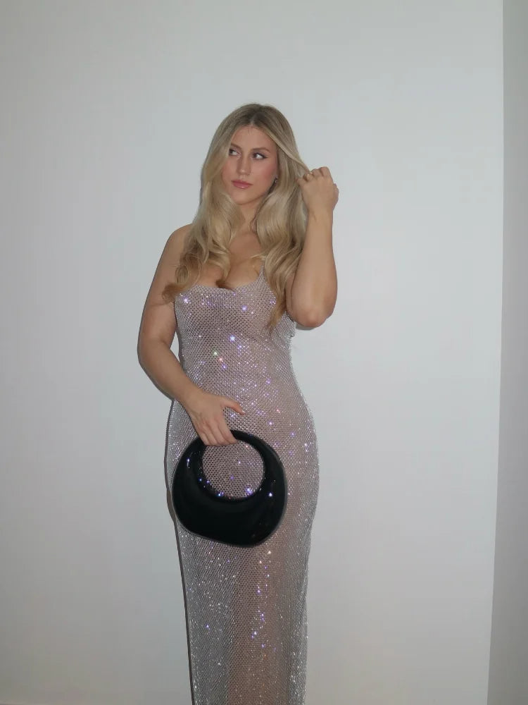 Petra Solid Sequin Glitter Maxi Dress – Elegant Square Collar Sling Dress for Women’s Evening Party Style, 2025 Fashion Statement Piece