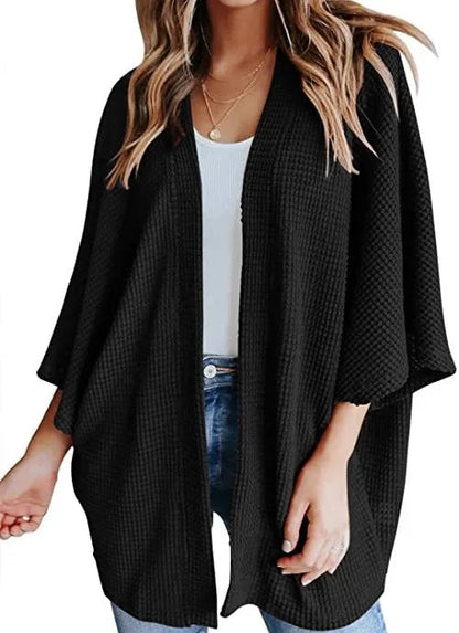 Oversized Knit Women Cardigan – Cozy Waffle Texture with Three-Quarter Sleeves for Laid-Back Layered Style