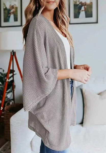 Oversized Knit Women Cardigan – Cozy Waffle Texture with Three-Quarter Sleeves for Laid-Back Layered Style