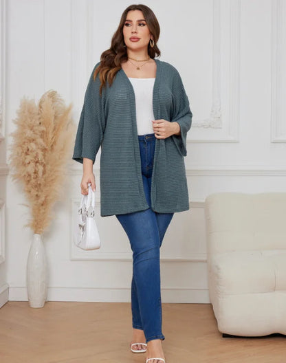 Oversized Knit Women Cardigan – Cozy Waffle Texture with Three-Quarter Sleeves for Laid-Back Layered Style
