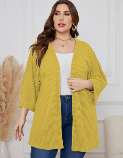 Oversized Knit Women Cardigan – Cozy Waffle Texture with Three-Quarter Sleeves for Laid-Back Layered Style