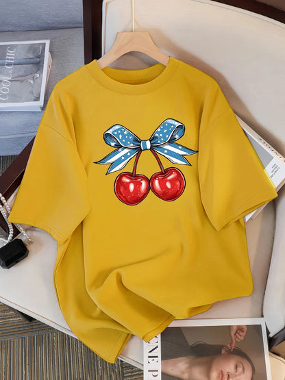Women’s Cotton Cherry Print T-Shirt – Summer Loose Hip Hop Tee with Flag Bow Detail, Breathable Comfort, and Stylish Streetwear Vibe