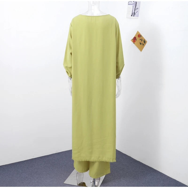 Women’s Casual Spring Summer Pants Set – Elegant Loose-Fit Pullover with Irregular Neck and Wide-Leg Pants for Effortless Everyday Sophistication