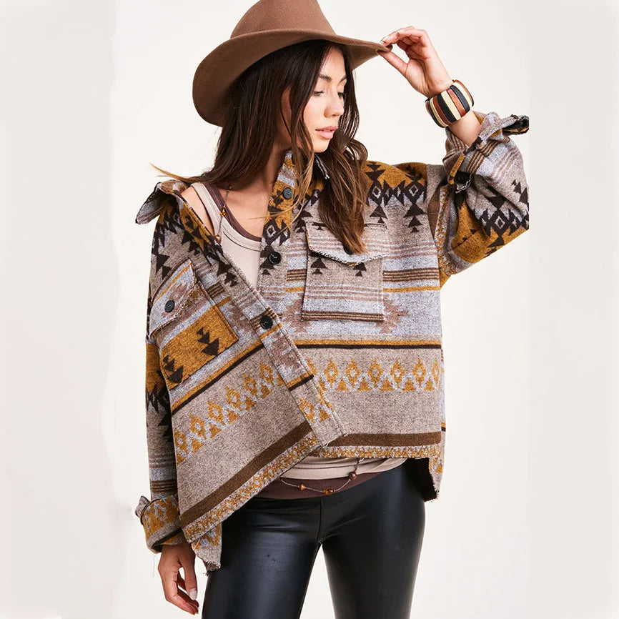 Vintage Aztec Denim Jacket with Collar – Wool Lined Loose Fit Long Sleeve Outerwear for Trendy Streetwear Vibes