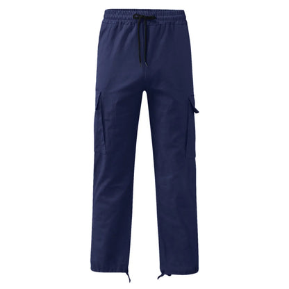 Men's Multi-pocket Cargo Pants – Solid Full-Length Trousers with Drawstring Pockets for Everyday Comfort